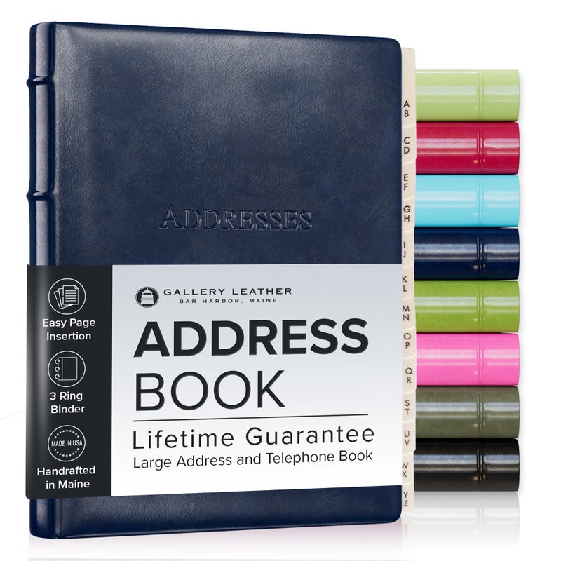 Gallery Leather Large Address Book with Alphabetical Tabs up to 480 Records, Leather Notebook Hardcover, Telephone and Address Books - 9x7, Desk Address, Acadia Navy - Image 1